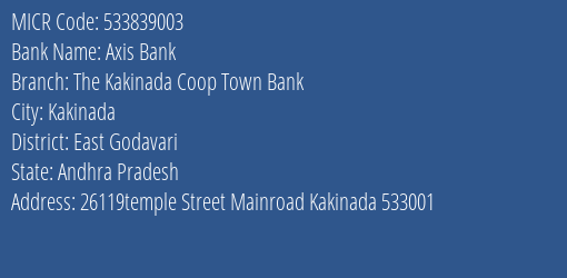 The Kakinada Coop Town Bank Temple Street Main Road MICR Code