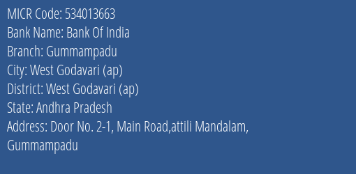 Bank Of India Gummampadu Branch Address Details and MICR Code 534013663