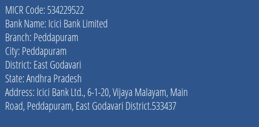 Icici Bank Limited Peddapuram MICR Code