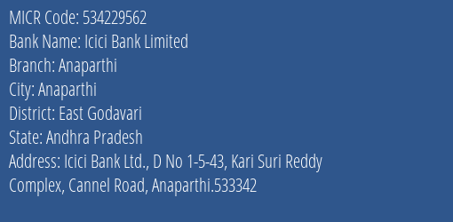 Icici Bank Limited Anaparthi MICR Code