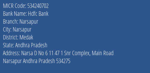 Hdfc Bank Narsapur MICR Code