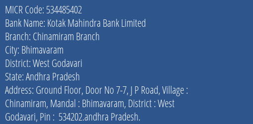 Kotak Mahindra Bank Chinamiram Branch Branch MICR Code 534485402