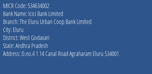 The Eluru Urban Coop Bank Limited Eluru MICR Code