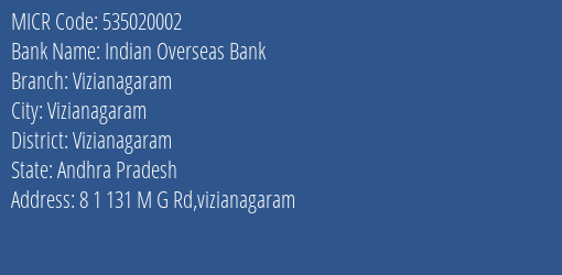 Indian Overseas Bank Vizianagaram Branch Address Details and MICR Code 535020002