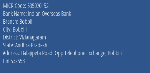 Indian Overseas Bank Bobbili Branch Address Details and MICR Code 535020152