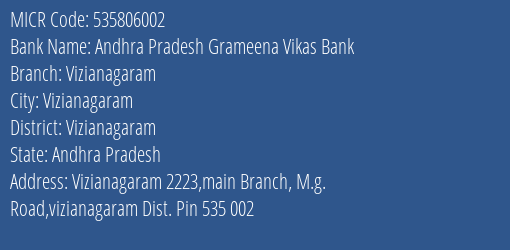 Andhra Pradesh Grameena Vikas Bank Vizianagaram MICR Code