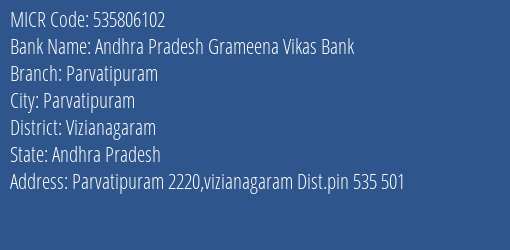 Andhra Pradesh Grameena Vikas Bank Parvatipuram MICR Code