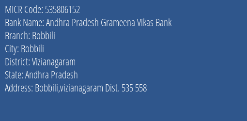 Andhra Pradesh Grameena Vikas Bank Bobbili MICR Code