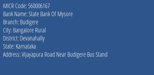 State Bank Of Mysore Budigere MICR Code