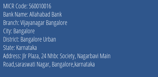 Allahabad Bank Vijayanagar Bangalore Branch Address Details and MICR Code 560010016