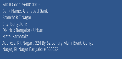 Allahabad Bank R T Nagar Branch Address Details and MICR Code 560010019
