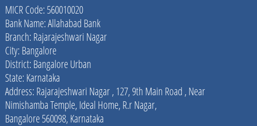 Allahabad Bank Rajarajeshwari Nagar Branch Address Details and MICR Code 560010020