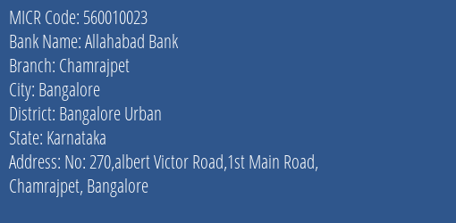 Allahabad Bank Chamrajpet Branch Address Details and MICR Code 560010023