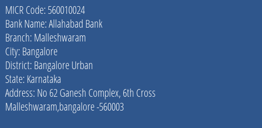 Allahabad Bank Malleshwaram Branch Address Details and MICR Code 560010024
