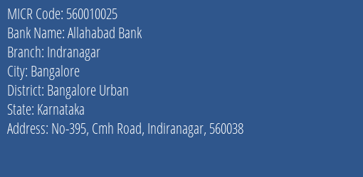 Allahabad Bank Indranagar Branch Address Details and MICR Code 560010025