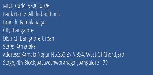 Allahabad Bank Kamalanagar Branch Address Details and MICR Code 560010026