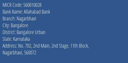 Allahabad Bank Nagarbhavi Branch Address Details and MICR Code 560010028