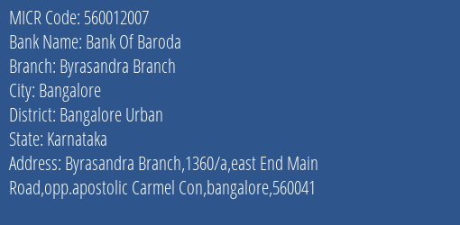 Bank Of Baroda Byrasandra Branch MICR Code