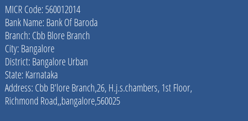 Bank Of Baroda Cbb Blore Branch MICR Code