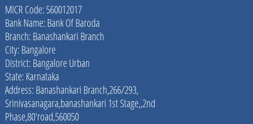 Bank Of Baroda Banashankari Branch MICR Code