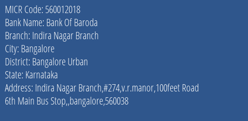 Bank Of Baroda Indira Nagar Branch MICR Code