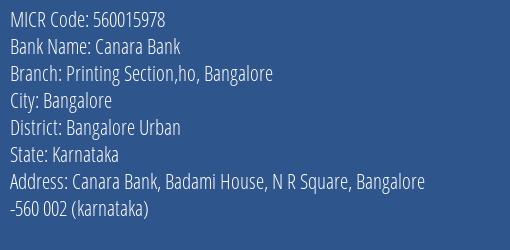 Canara Bank Printing Section Ho Bangalore MICR Code