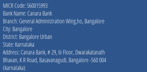 Canara Bank General Administration Wing Ho Bangalore MICR Code