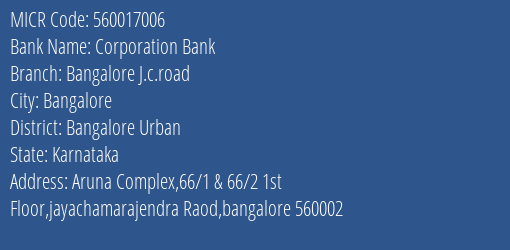 Corporation Bank Bangalore J.c.road MICR Code