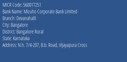Mizuho Corporate Bank Limited Devanahalli MICR Code