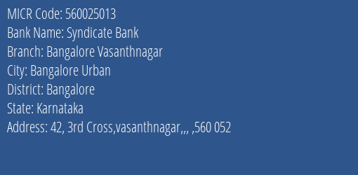 Syndicate Bank Bangalore Vasanthnagar Branch Address Details and MICR Code 560025013