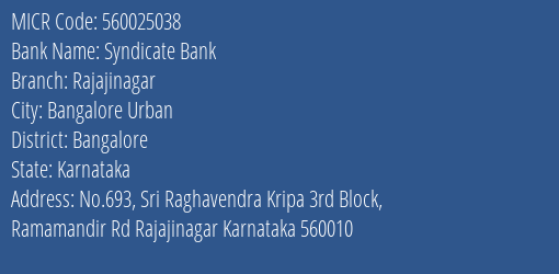 Syndicate Bank Rajajinagar Branch Address Details and MICR Code 560025038