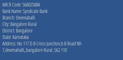 Syndicate Bank Devenahalli Branch Address Details and MICR Code 560025084