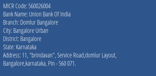 Union Bank Of India Domlur Bangalore Branch MICR Code 560026004
