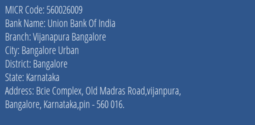 Union Bank Of India Vijanapura Bangalore Branch MICR Code 560026009