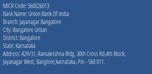 Union Bank Of India Jayanagar Bangalore Branch MICR Code 560026013