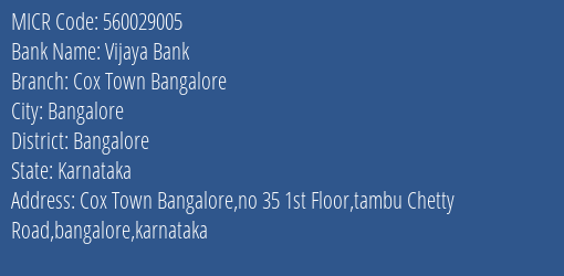 Vijaya Bank Cox Town Bangalore MICR Code