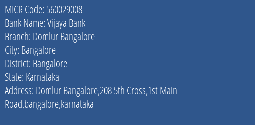Vijaya Bank Domlur Bangalore MICR Code