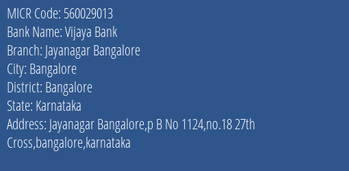 Vijaya Bank Jayanagar Bangalore MICR Code
