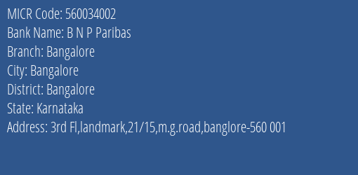 B N P Paribas Bangalore MICR Code