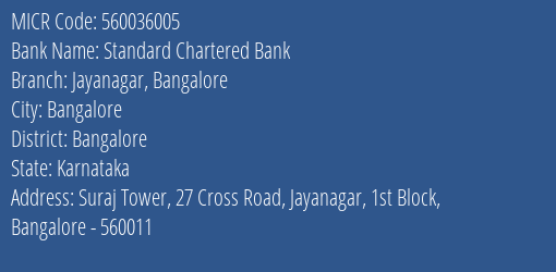 Standard Chartered Bank Jayanagar Bangalore MICR Code