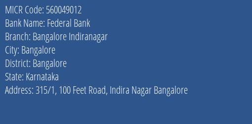 Federal Bank Bangalore Indiranagar MICR Code