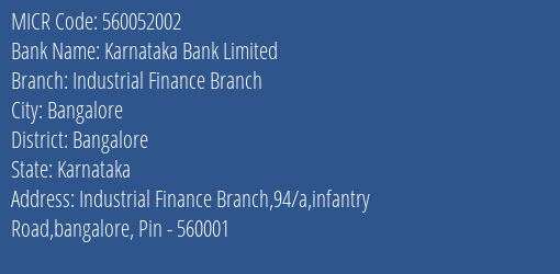 Karnataka Bank Limited Industrial Finance Branch MICR Code