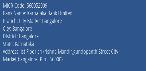 Karnataka Bank Limited City Market Bangalore MICR Code