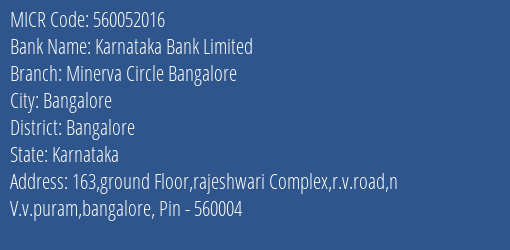 Karnataka Bank Limited Minerva Circle Bangalore MICR Code