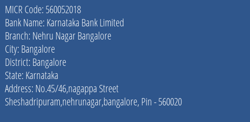 Karnataka Bank Limited Nehru Nagar Bangalore MICR Code