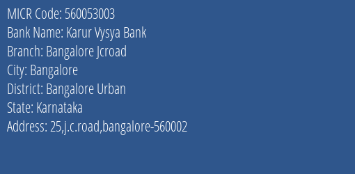 Karur Vysya Bank Bangalore Jcroad MICR Code