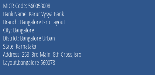 Karur Vysya Bank Bangalore Isro Layout MICR Code