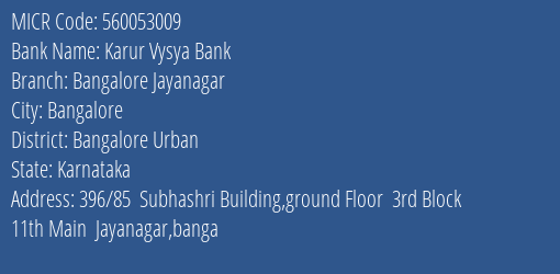 Karur Vysya Bank Bangalore Jayanagar MICR Code