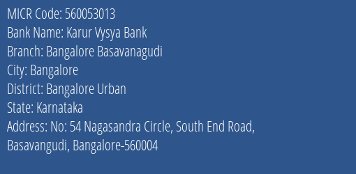 Karur Vysya Bank Bangalore Basavanagudi MICR Code
