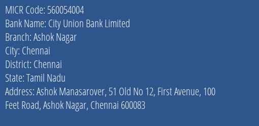 City Union Bank Limited Ashok Nagar MICR Code